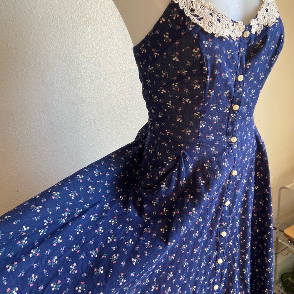 Vintage 1970s Gunne Sax Blue Prairie Button Up Midi Dress Size Small